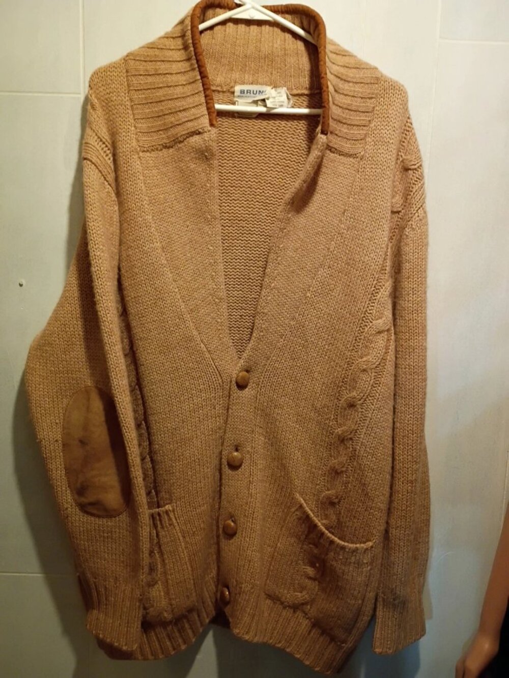 Men's Vintage 70s Camel Hair Wool Cardigan Elbow Patch Sweater 2XL